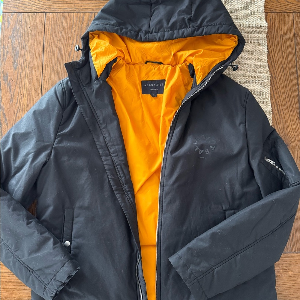 All Saints Men's Black Raincoat with Vibrant Orange Interior